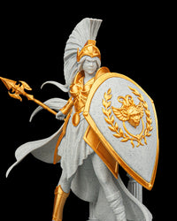 Athena mythology statue with helmet and shield