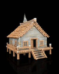 Dockside cottage on stilts angled view