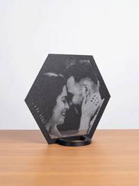 Hexagon halftone frame on a display stand
