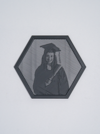 Hexagon halftone frame with a standing figure