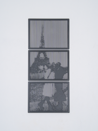 Three panel portrait halftone frame triptych