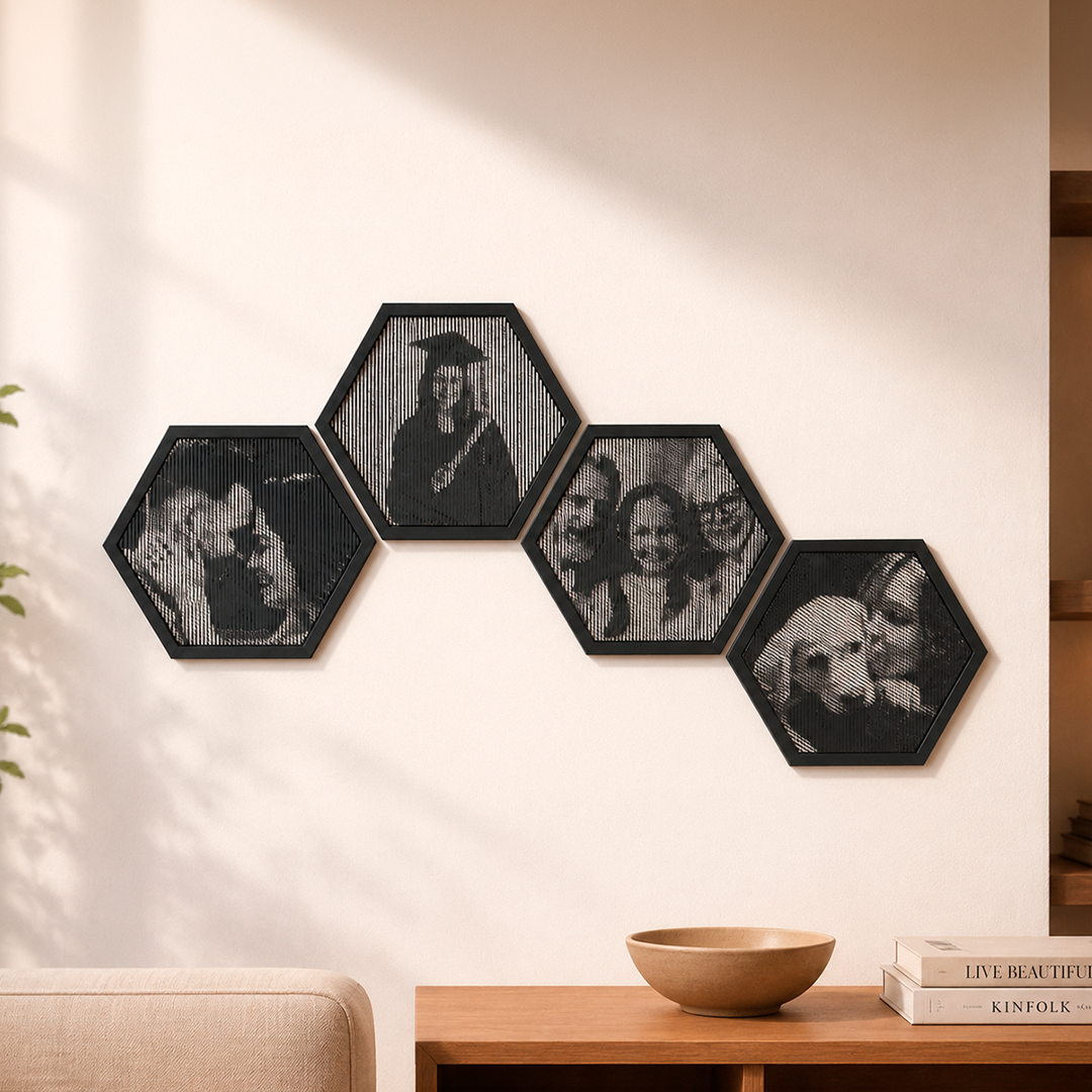 Halftone hexagon frames grouped on a living room wall
