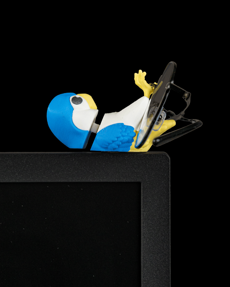 Perchmate bird glasses holder perched on a monitor with glasses
