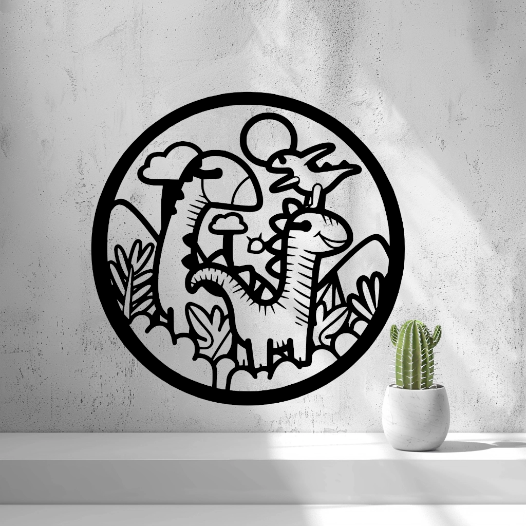 2D dinosaurs round wall art shown on a wall